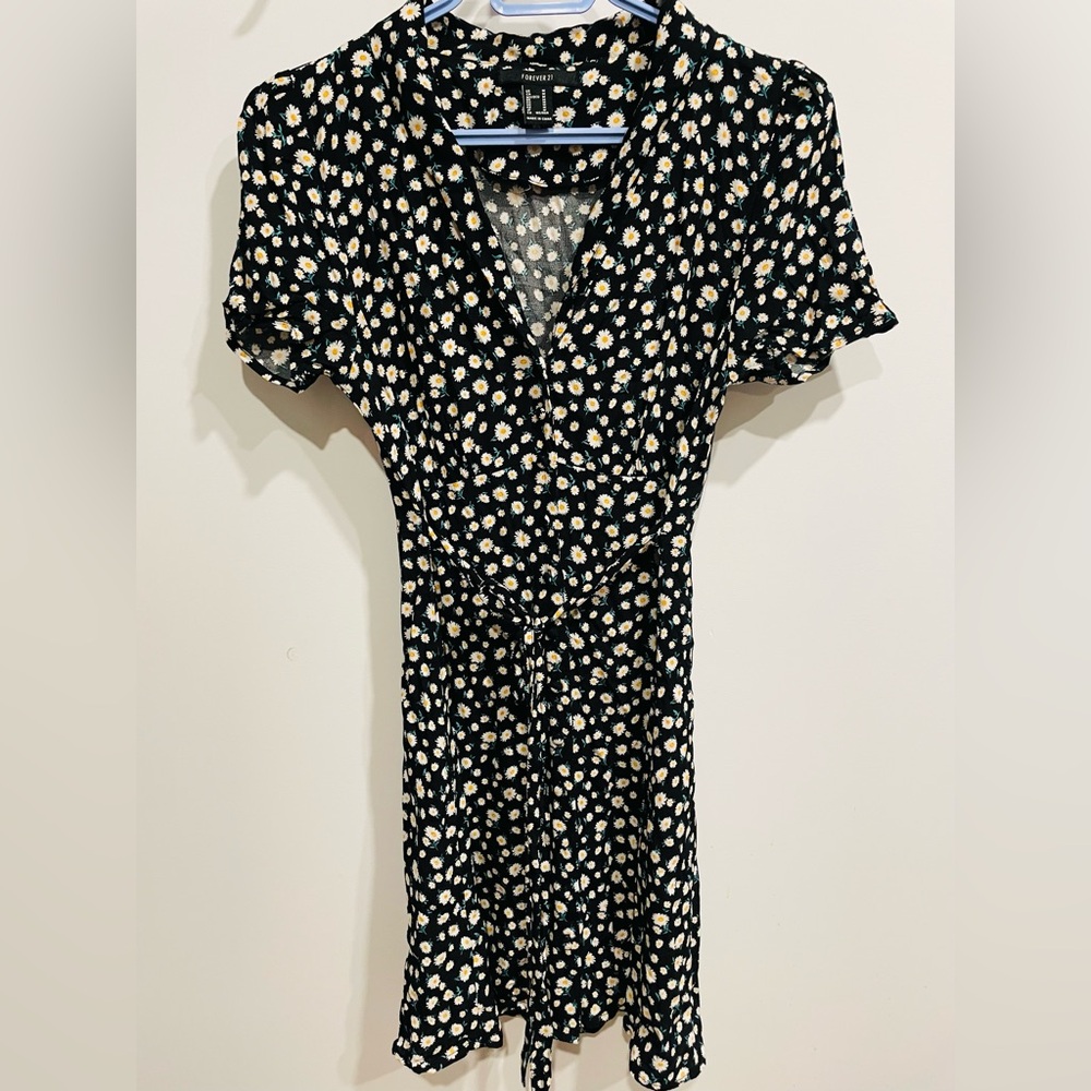 Black Daisy Print Wrap Dress